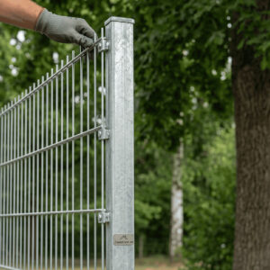 Hand am Gitterzaun vor Baum