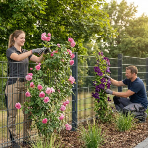 Eine Frau und ein Mann pflegen Kletterrosen und Clematis an einem Gitterzaun