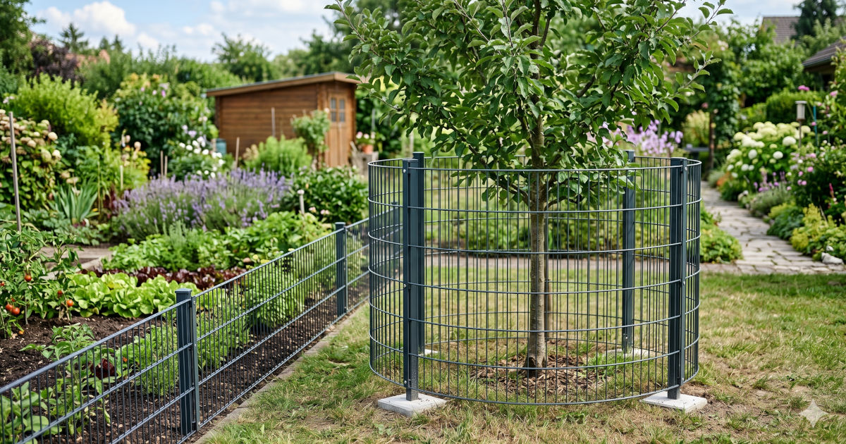 Baum und Garten umgeben von Gitterzaun
