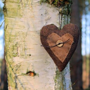 gebasteltes Herz hängt am Baumstamm