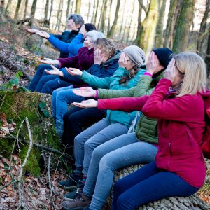 Waldbaden: Frauengruppe auf Baumstamm