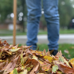 Ein Mann in Jeans steht vor einem zusammengerechten Laubhaufen.