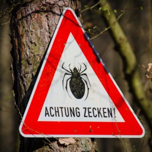 Dreieckiges, rotes Schild mit einer Zecke in der Mitte und der Aufschrift :"Achtung Zecken!" © Peter Greven Physioderm GmbH